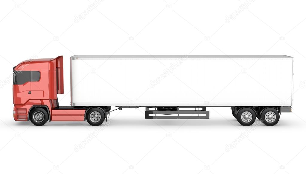 Red truck with white blank semi-trailer isolated
