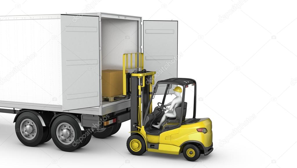 Forklift unloads or loads white blank semi-trailer isolated