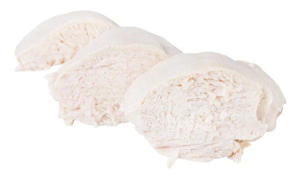 Κομμάτια Βρασμένου Στήθους Κοτόπουλου Που Απομονώνονται Λευκό Φόντο — Φωτογραφία Αρχείου