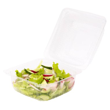 Pakette salata ya da beyaz arka planda izole edilmiş yiyecek teslimatı. Besleyici Diyet Atıştırması.