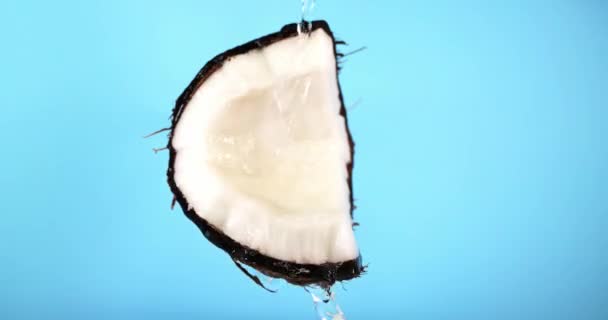 Kokosnöt Täckt Med Vatten Blå Bakgrund Kokosolja Häller Kokosvatten Långsamma — Stockvideo