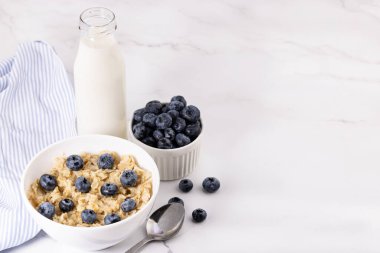 Hafif arkaplanda yaban mersinli ve sütlü yulaf ezmesi. Fotokopi alanı ile kahvaltı üst görünümü.