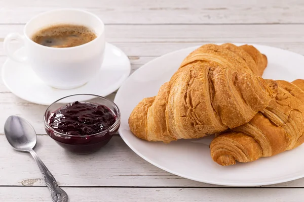 Cup Coffee Croissants Jam — Stock Photo, Image