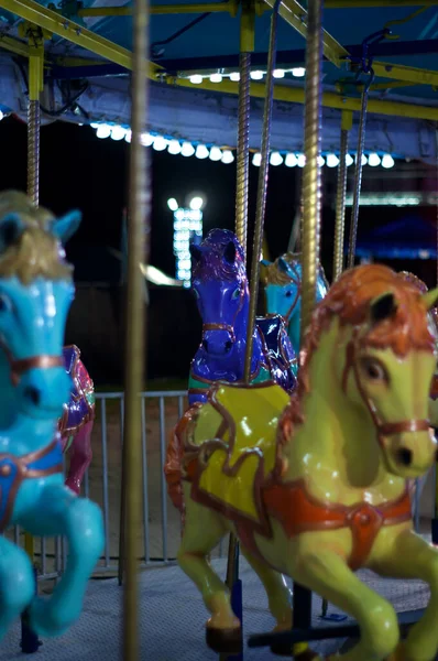 Colorful Horses Carousel Merry Carnival Nighttime Shallow Depth Field — Photo
