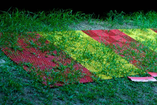 Çimenler Kırmızı Sarı Kauçuk Hasırlar Arasında Büyüyor — Stok fotoğraf