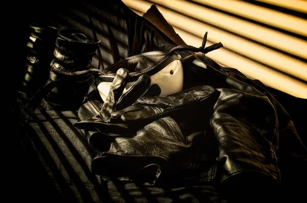 Still Life Motorcycle Gear Lit Light Window Blinds Showing Boots — Stock Photo, Image
