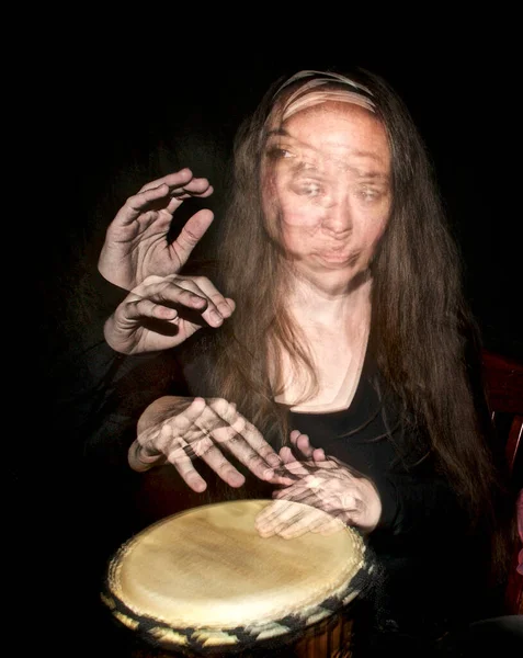 Unique Multi Flash Image Woman Drumming Creating Stop Motion Effect — Stock Photo, Image
