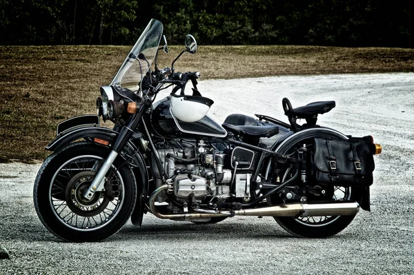 Vista Laterale Bianco Nero Antico Moto Epoca Con Sidecar Lotto — Foto Stock