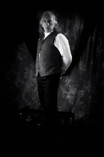Black White Standing Portrait Old Time Priest Standing Dark Room — Stock Photo, Image