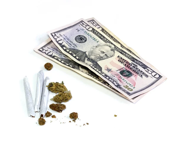 Money with joints and pot — Stock Photo, Image