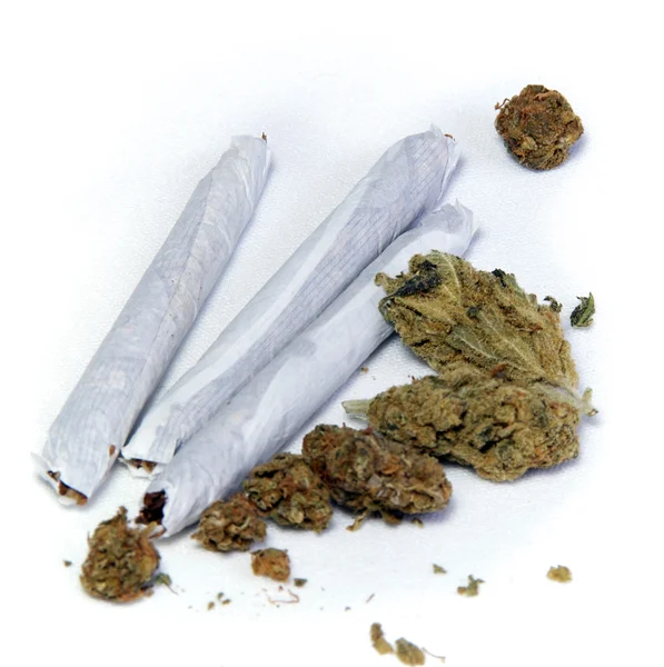 Three joints and pot buds — Stock Photo, Image