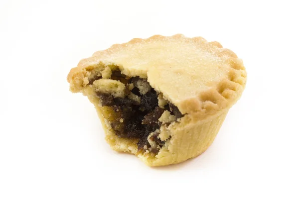 Single mince pie with a missing bite over white. — Stock Photo, Image