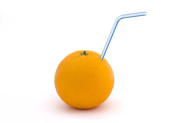 Orange with straw  over white. — Stock Photo, Image