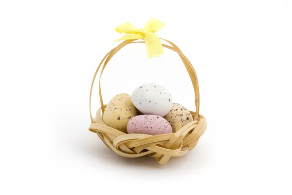 Basket of candy coated chocolate easter eggs — Stock Photo, Image