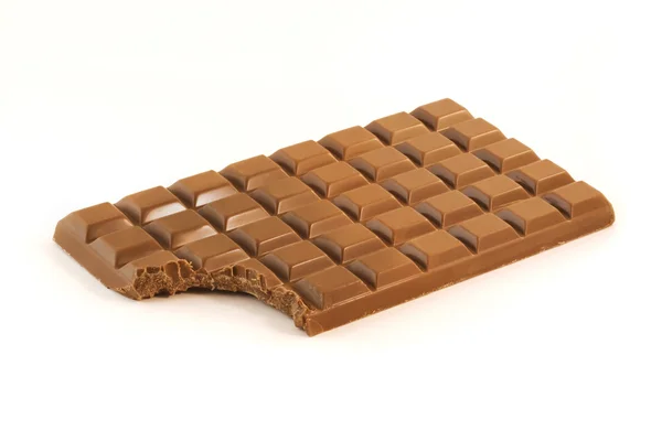 Chocolate bar with a missing bite over white — Stock Photo, Image