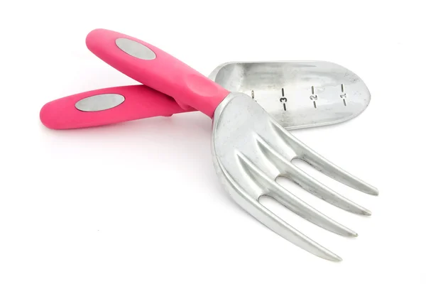 Pink garden tools over white — Stock Photo, Image
