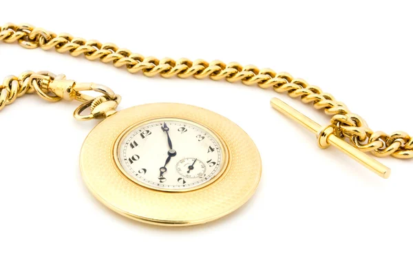 Gold Pocket watch on a chain over white. — Stock Photo, Image