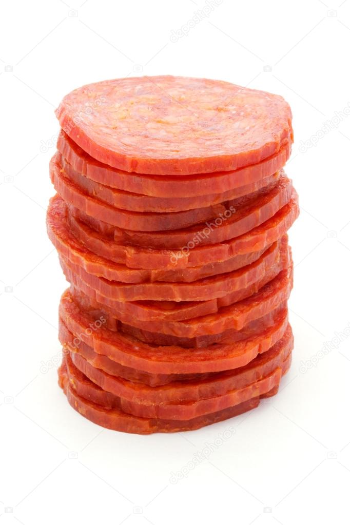 Tower of slices of salami over white
