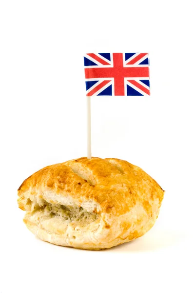 Korv rulle med union jack över vita — Stockfoto