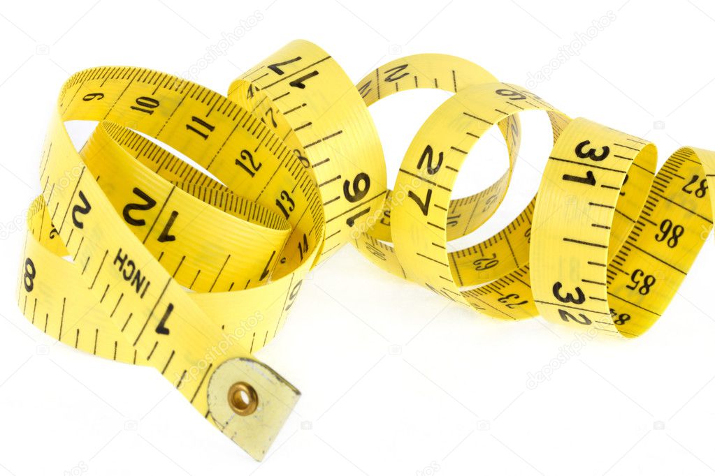 Yellow coiled tape measure on white