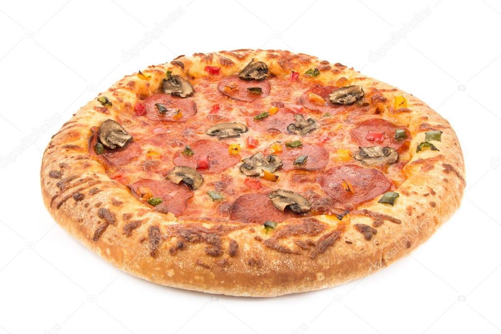 Whole pepperoni pizza on white