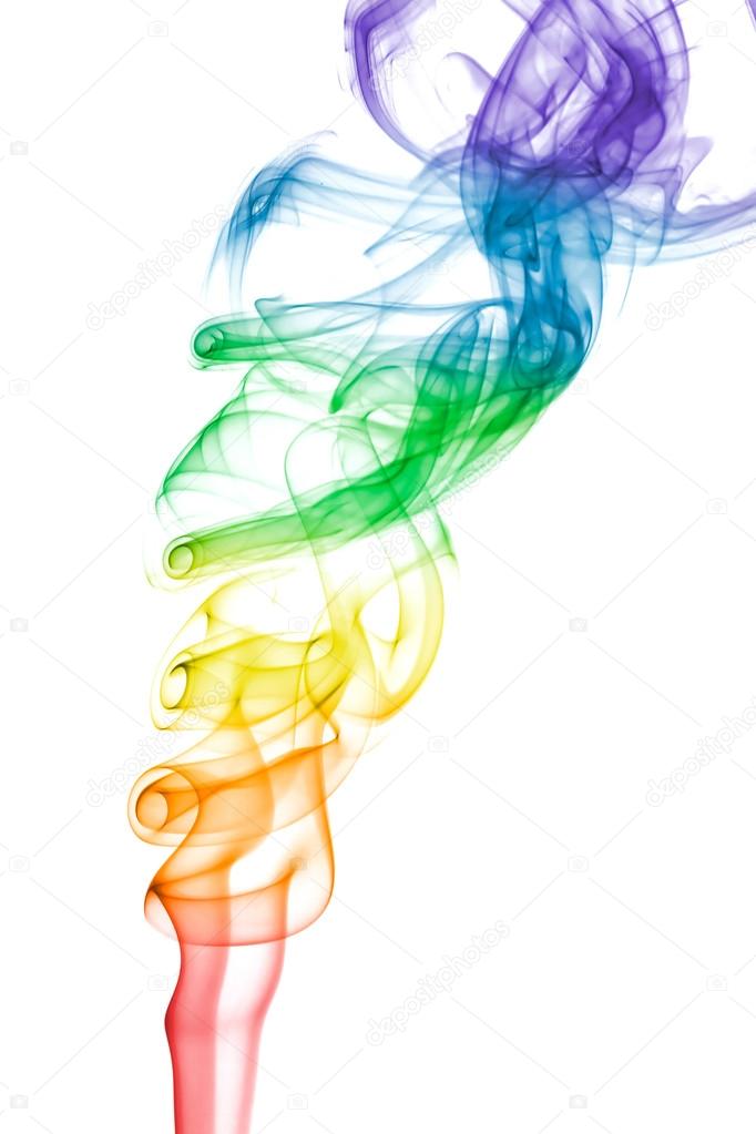Rainbow colored swirling smoke pattern on white