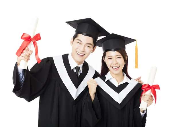 Ευτυχισμένος αποφοίτηση άνδρας και γυναίκα εκπαίδευση σπουδαστών — Φωτογραφία Αρχείου