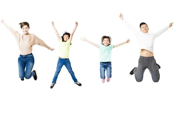 Happy family jumping together isolated on white — Stock Photo, Image