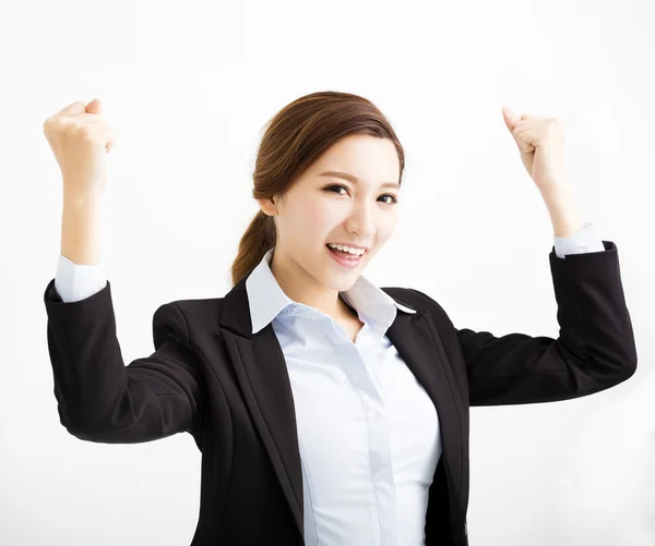 Jovem mulher de negócios feliz com gesto de sucesso — Fotografia de Stock