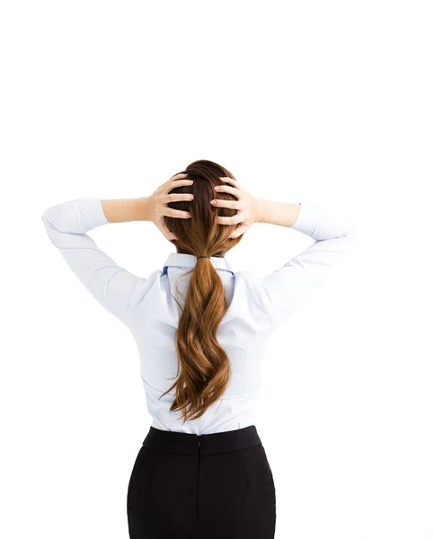 Weergave van bezorgd zakenvrouw achter haar hoofd te houden — Stockfoto