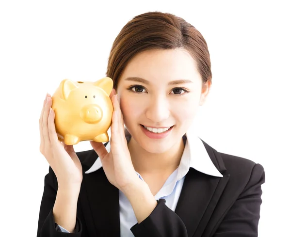 Smiling business Woman showing the  piggy bank — Stock Photo, Image