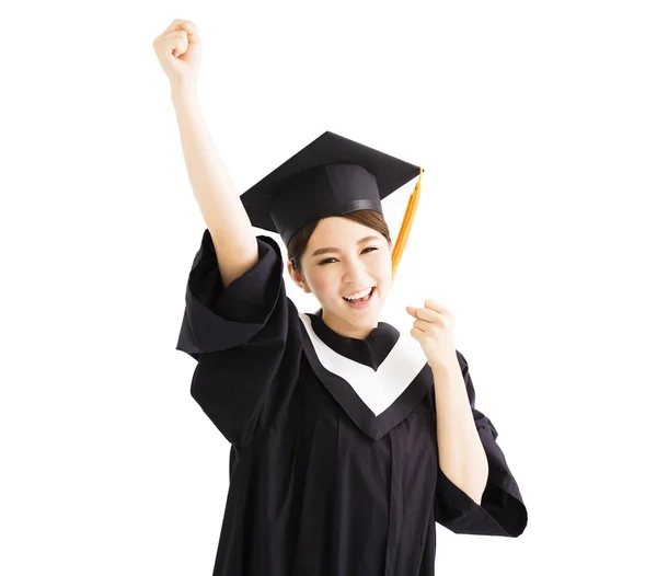 Estudiante graduado feliz levantar la mano con gesto de éxito —  Fotos de Stock
