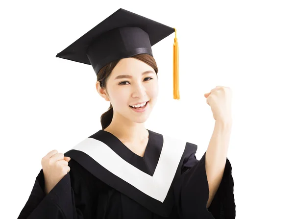 Estudante graduando feliz levantar a mão com gesto de sucesso — Fotografia de Stock