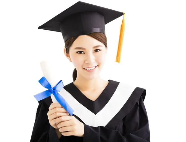 Giovane sorridente asiatico femmina laurea con diploma — Foto Stock