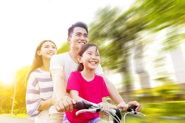 Счастливая азиатская семья веселится в парке с велосипедом — стоковое фото
