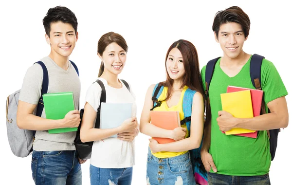 Feliz grupo de los estudiantes universitarios aislados en blanco — Foto de Stock