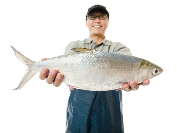 Glücklicher Fischer zeigt große Milchfische isoliert auf weißem Grund — Stockfoto