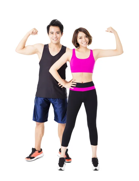 Мужчина и женщина после физических упражнений на белом фоне — стоковое фото