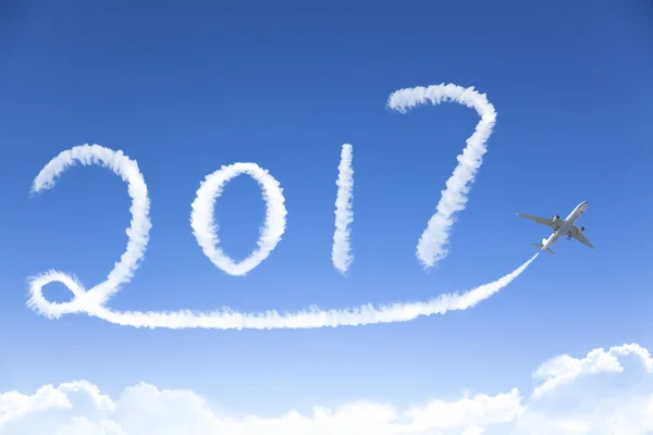 Frohes neues Jahr 2017 Zeichnung mit dem Flugzeug in den Himmel — Stockfoto