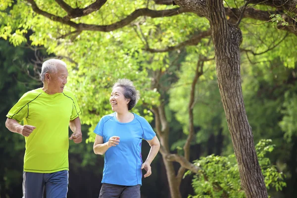 Happy Senior Couple Joggen Het Natuurpark — Stockfoto