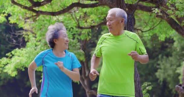 Asiático Senior Pareja Trotando Parque Natural — Vídeo de stock