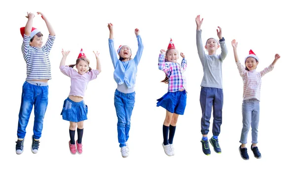 Niños Felices Saltando Celebrando Navidad Aislados Blanco —  Fotos de Stock