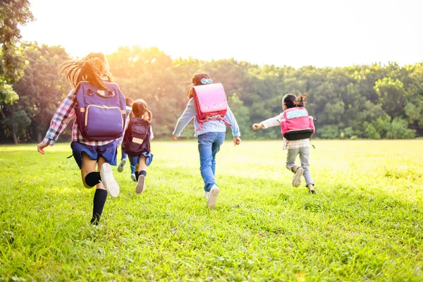 Rückansicht Von Grundschulkindern Die Auf Dem Rasen Rennen — Stockfoto