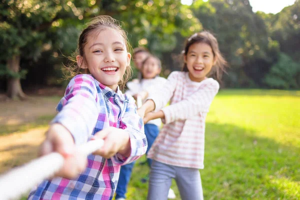 Crianças Felizes Jogando Rebocador Guerra Parque — Fotografia de Stock