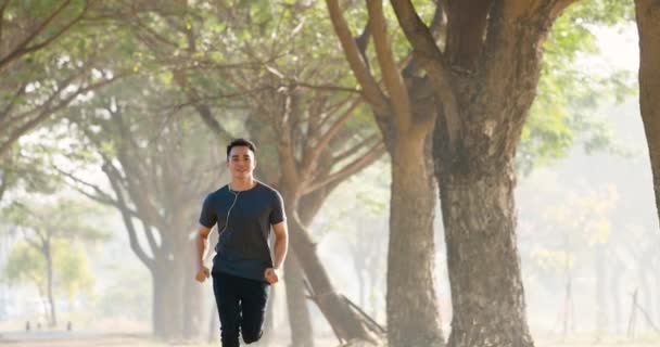 朝霧の街の公園で走っている若い男の笑顔 — ストック動画