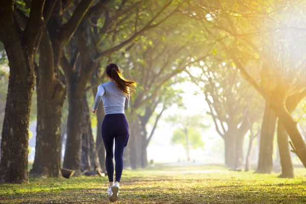 Achteraanzicht Van Jonge Vrouw Rennend Het Bos Mistige Ochtend — Stockfoto