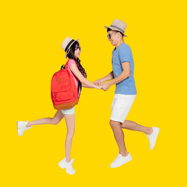 Happy Excited Young Couple Tourists Jumping Ready Travel — Stock Photo, Image