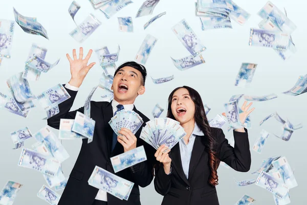 Excited Young Business Man Woman Dollars Money Rain — Stock Photo, Image