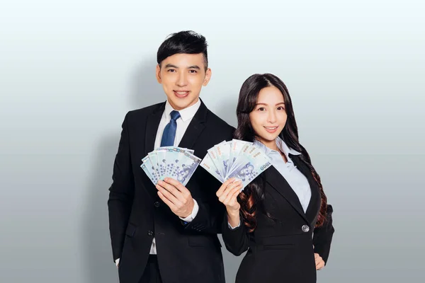 Happy Business Man Woman Showing Money — ストック写真