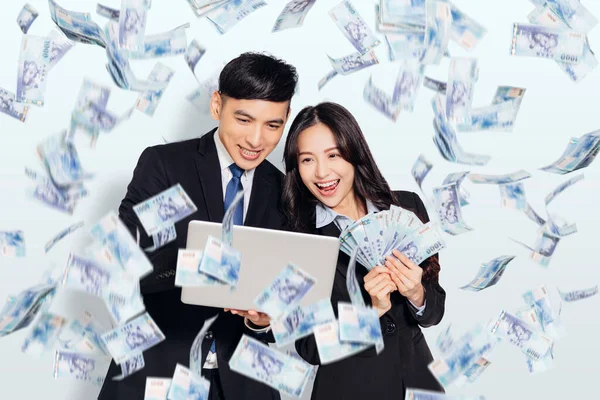 Excited Young Business Man Woman Holding Laptop Dollars Money Rain — Stock Photo, Image